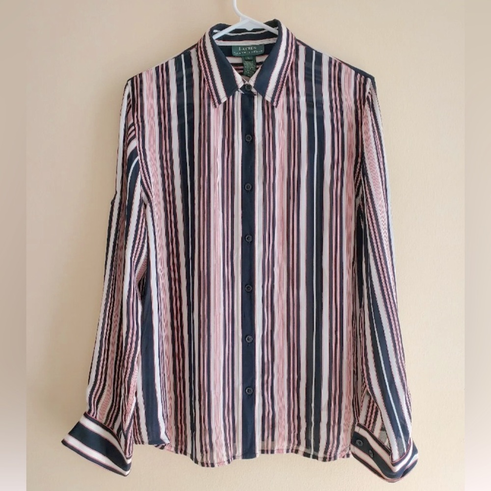 Women’s LAUREN by Ralph Lauren 100% Silk Blue Striped Button Down Shirt | size S